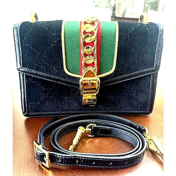 Gucci Black Gold GG Monogram Velvet Sylvie Small Shoulder Crossbody Bag GORGEOUS - Picture 1 of 16